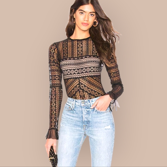 THISTLE & SPIRE Jane Black Nude Stretch Lace Ruffle Cuff Bodysuit Small - Picture 1 of 9